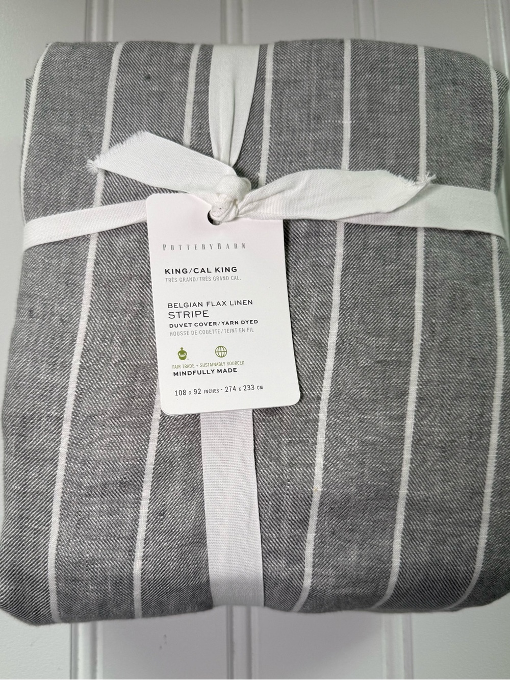 Pottery Barn King/Cal King Belgian Flax Linen Duvet Cover Gray White Stripe NEW